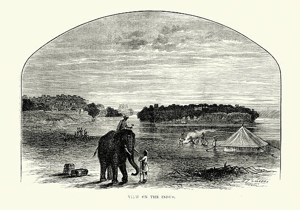 Vintage engraving of a View on the Indus, 19th Century
